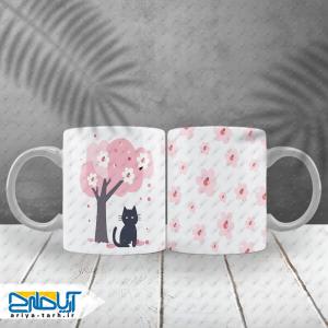 طرح لایه باز لیوان گربه زیر درخت بهاری